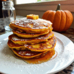 Stack of golden, fluffy pumpkin pancakes topped with butter and maple syrup on a rustic plate.