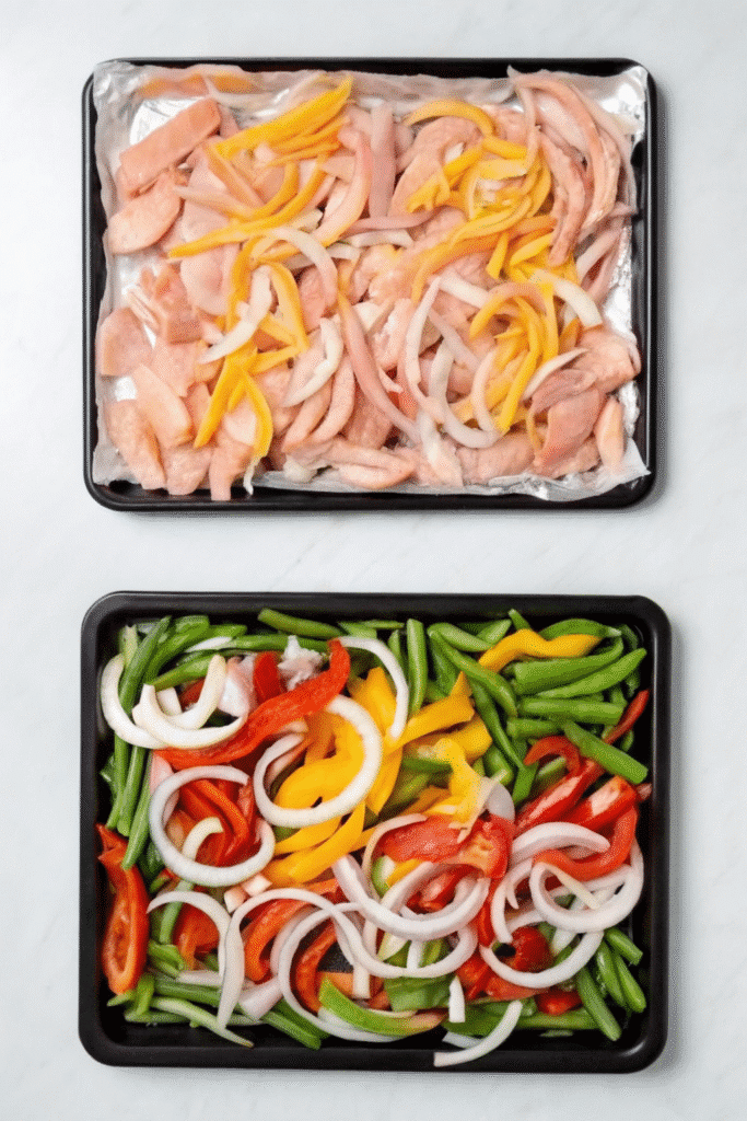 Preparing Sheet Pan Fajita Chicken and Potatoes with sliced chicken, bell peppers, and onions spread on a sheet pan.