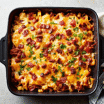 Buffalo Chicken Sheet Pan with Roasted Potatoes topped with melted cheddar, Monterey Jack, and crispy bacon