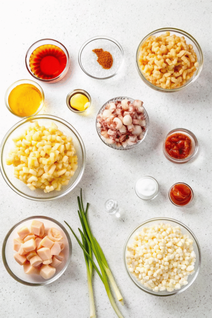 Ingredients for Buffalo Chicken Sheet Pan with Roasted Potatoes including chicken, potatoes, buffalo sauce, cheeses, and bacon