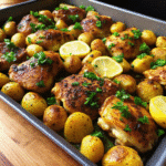 Sheet Pan Lemon Pepper Chicken and Potatoes with golden roasted potatoes and tender chicken garnished with fresh parsley and lemon wedges.