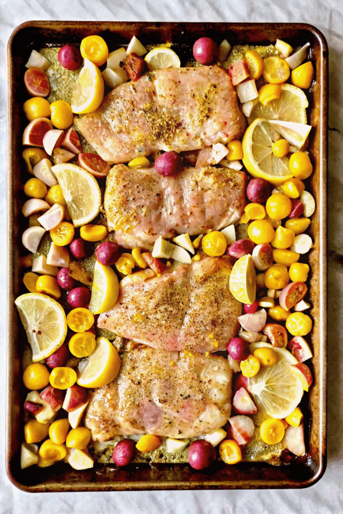 Ingredients for Sheet Pan Lemon Pepper Chicken and Potatoes, including chicken, baby potatoes, olive oil, lemon pepper seasoning, garlic powder, salt, parsley, and lemon wedges.