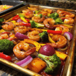 Colorful sheet pan with BBQ-seasoned shrimp, red and yellow bell peppers, broccoli, and red onion roasted to perfection.
