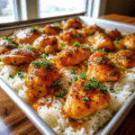 Sheet Pan Honey Garlic Chicken and Rice with golden-baked chicken, fluffy rice, and fresh parsley garnish