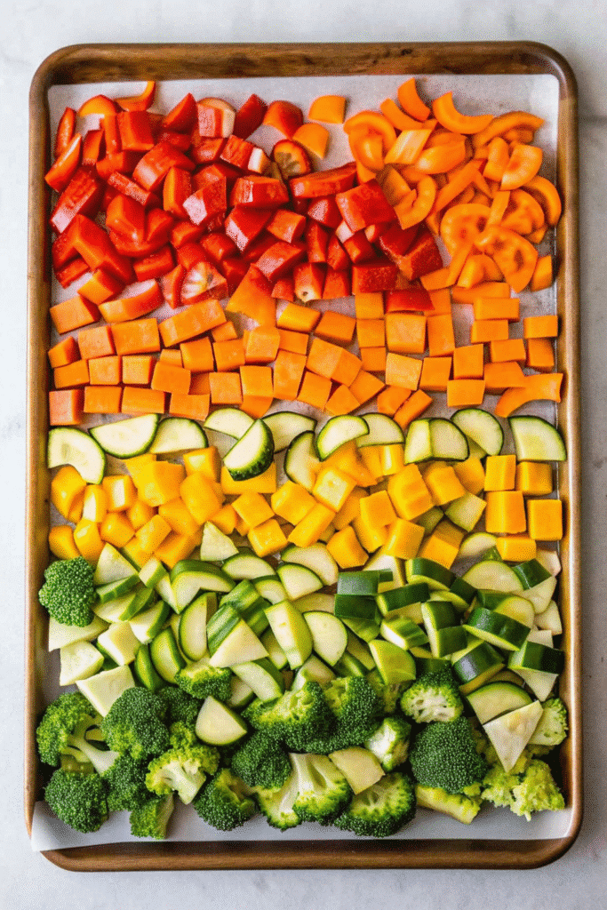 Fresh ingredients for Sheet Pan Chicken with Roasted Veggies including chicken, broccoli, red and yellow bell peppers, red onion, and seasonings.