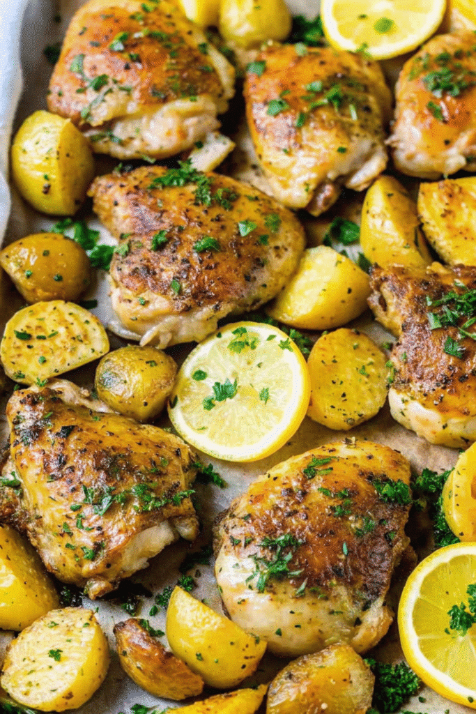 Sheet pan filled with juicy Greek-style chicken thighs and tender roasted potatoes, sprinkled with herbs and ready to serve.