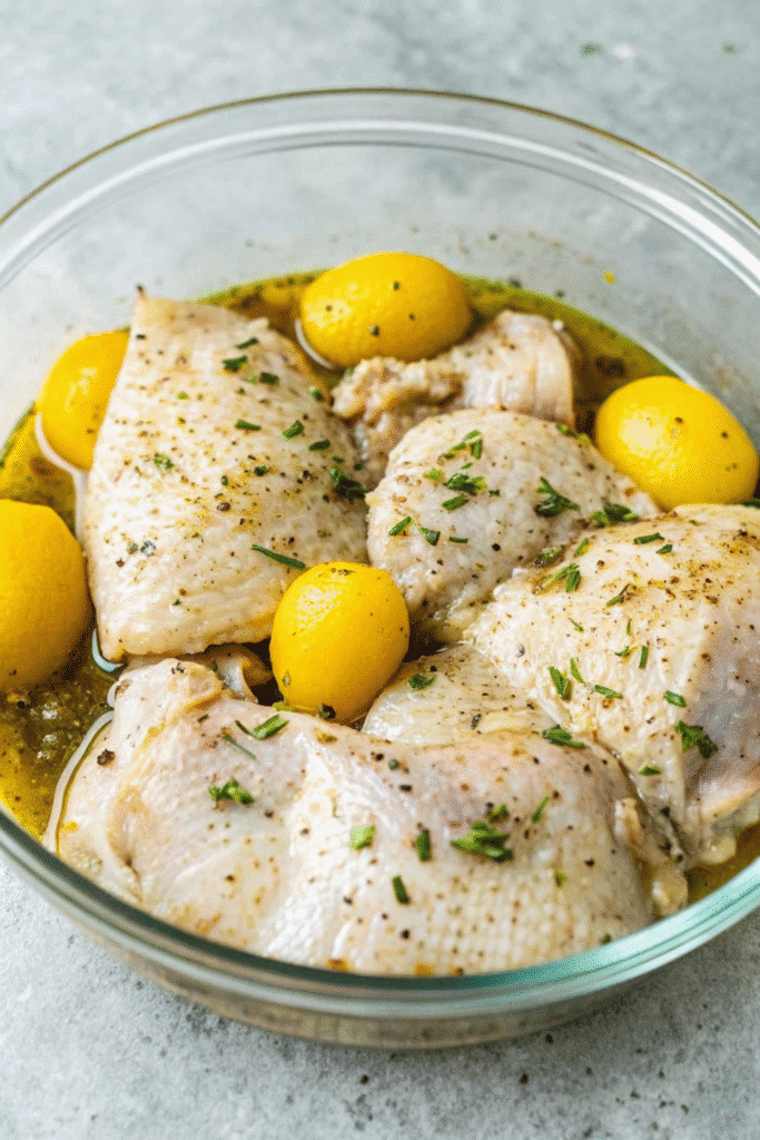 Ingredients for Sheet Pan Greek Chicken and Potatoes, including chicken thighs, Yukon potatoes, olive oil, garlic, lemon, and herbs.