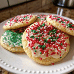 A tray of freshly baked Christmas Sugar Cookies shaped like stars, trees, and snowflakes, decorated with colorful icing and sprinkles.
