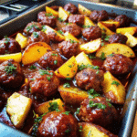 Sheet Pan BBQ Meatballs and Roasted Baby Potatoes with Glazed BBQ Sauce