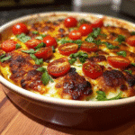 Warm Caprese Dip for Thanksgiving with melted mozzarella, roasted cherry tomatoes, fresh basil, and a drizzle of balsamic glaze in a skillet.