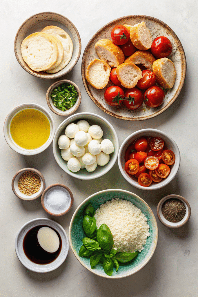 Ingredients for Caprese Dip for Thanksgiving including cherry tomatoes, fresh mozzarella, Parmesan, basil, garlic, olive oil, and balsamic glaze.