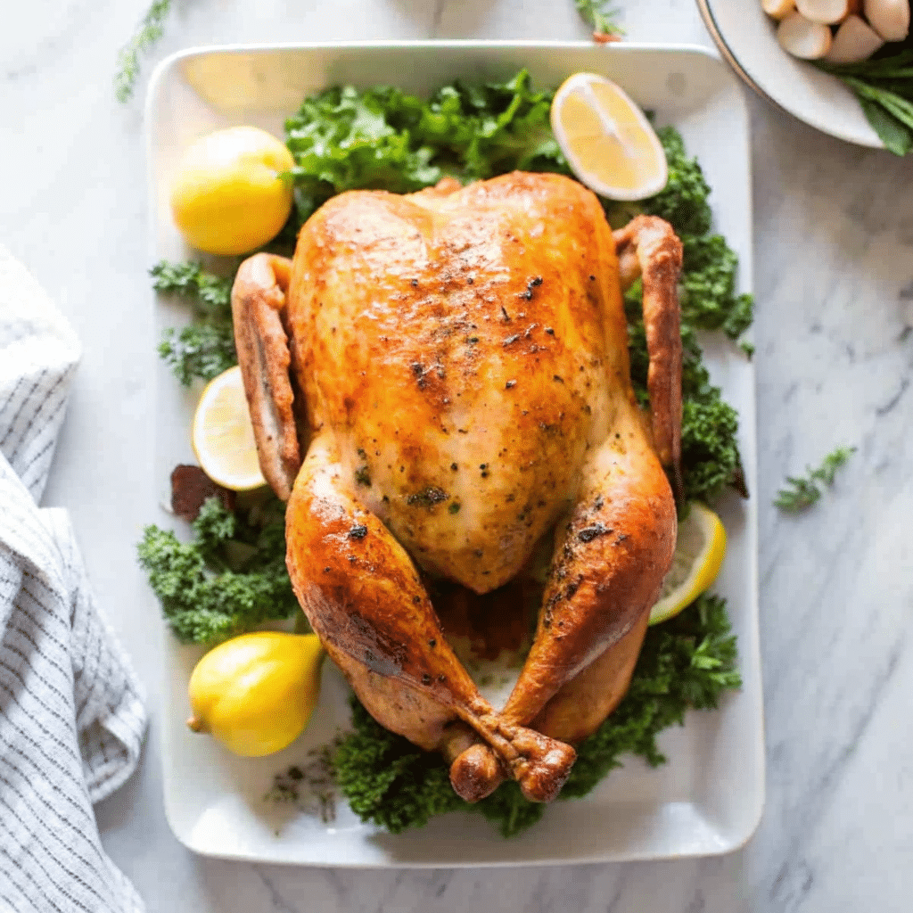 Golden Roast Thanksgiving Turkey on a carving board with fresh herbs and lemon.