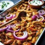 Chicken Shawarma Sheet Pan Dinner with golden roasted chicken thighs and caramelized red onions, garnished with fresh parsley.