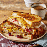A freshly made leftover turkey sandwich stacked with tender turkey, stuffing, cranberry sauce, lettuce, and a drizzle of gravy on soft white bread.