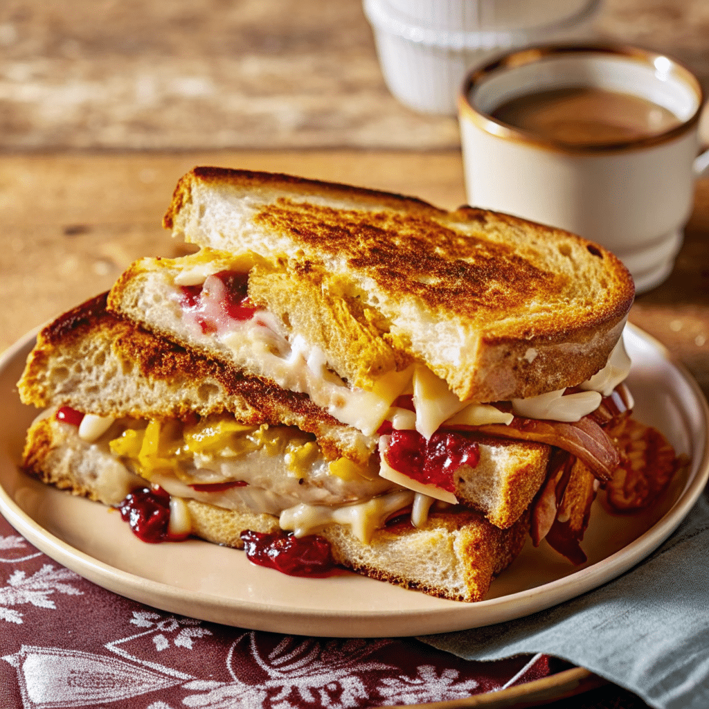 A freshly made leftover turkey sandwich stacked with tender turkey, stuffing, cranberry sauce, lettuce, and a drizzle of gravy on soft white bread.