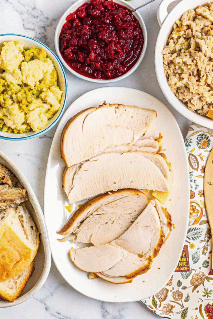 Ingredients for a leftover turkey sandwich including slices of white bread, turkey, stuffing, gravy, cranberry sauce, shredded lettuce, and mayo.