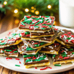 A sheet of Christmas Crack candy with melted chocolate and colorful holiday sprinkles, broken into irregular pieces.