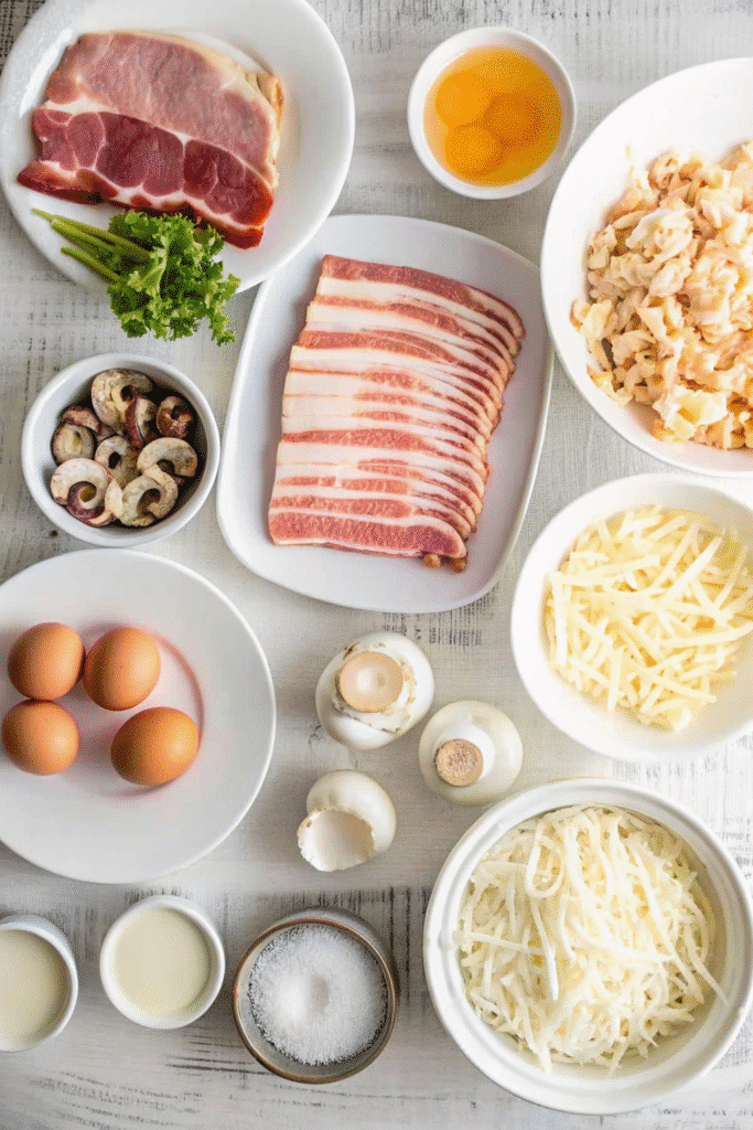 Ingredients for Christmas Brunch Casserole including bacon, onions, mushrooms, hash browns, eggs, milk, parsley, and Cheddar cheese.