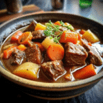 A steaming pot of Witch Cauldron Beef Stew with tender beef, carrots, potatoes, and herbs in a rich, savory broth.