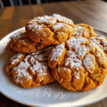A stack of soft, spiced pumpkin cookies dusted with powdered sugar on a rustic wooden surface.