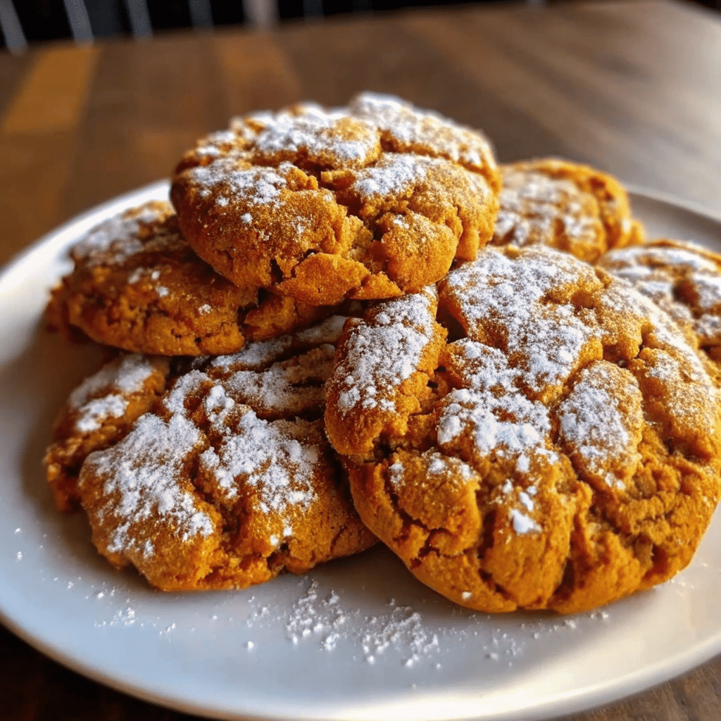 A stack of soft, spiced pumpkin cookies dusted with powdered sugar on a rustic wooden surface.