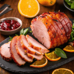 Golden glazed Christmas ham with cloves and orange wedges in a baking dish, ready to serve.