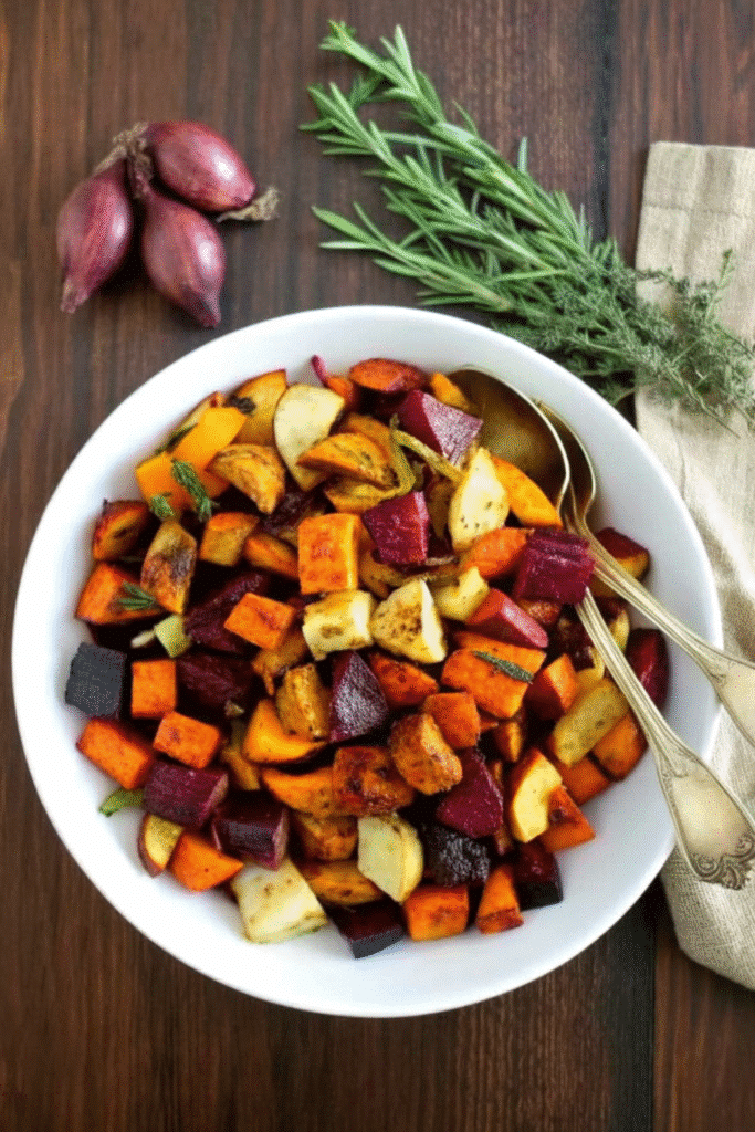Roasted Root Vegetables Recipe 4 Mixed roasted root vegetables on a baking sheet, featuring yams, beets, carrots, parsnips, and garlic cloves