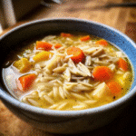 Bowl of homemade Chicken Orzo Soup with tender chicken, orzo pasta, carrots, and celery in a savory broth.