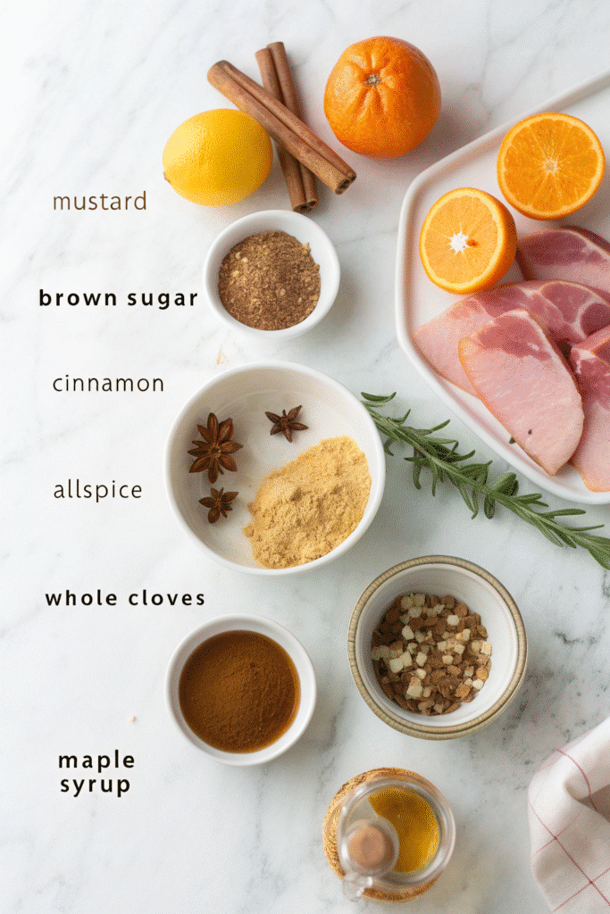 Ingredients for Christmas Ham Glaze including maple syrup, brown sugar, Dijon mustard, spices, and oranges on a countertop.