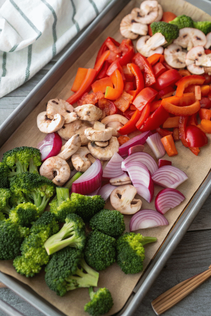 Fresh ingredients for Sheet Pan BBQ Shrimp and Veggies including shrimp, bell peppers, red onion, broccoli, olive oil, and BBQ seasoning.