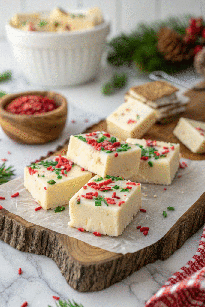 Close-up of Christmas Cookie Fudge pieces showing the smooth white chocolate base and colorful cookie and sprinkle mix.