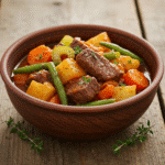 Bowl of hearty Vegetable Beef Soup with tender beef chunks, carrots, potatoes, green beans, and a rich broth.