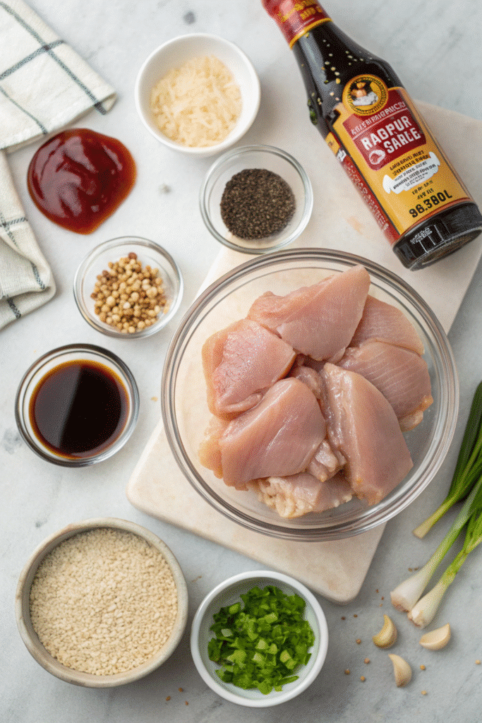 Ingredients for Crock Pot Honey Garlic Chicken including chicken thighs, honey, soy sauce, garlic, ketchup, and seasonings arranged on a kitchen counter.