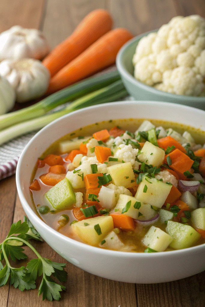 Warm vegan vegetable soup in a rustic bowl with colorful vegetables visible