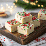 Christmas Cookie Fudge squares topped with crushed cookies and festive red and green sprinkles on a parchment-lined tray.