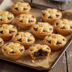 Golden-brown Christmas Sweet Mince Pies dusted with icing sugar on a festive plate.