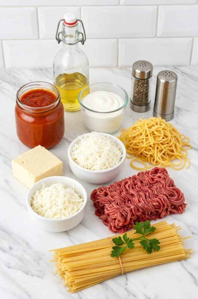 Crock Pot Million Dollar Spaghetti Recipe 5 Ingredients for Crock Pot Million Dollar Spaghetti on a kitchen counter