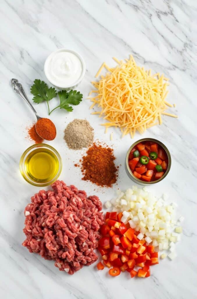 Mexican Keto Ground Beef Casserole Recipe 5 Ingredients for Mexican Keto Ground Beef Casserole laid out on a countertop including ground beef, bell pepper, onion, garlic, cheese, and sour cream