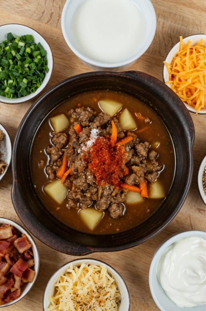 Crock Pot Cheeseburger Soup Recipe 4 Fresh ingredients for Crock Pot Cheeseburger Soup including ground beef, potatoes, carrots, cheese, and spices