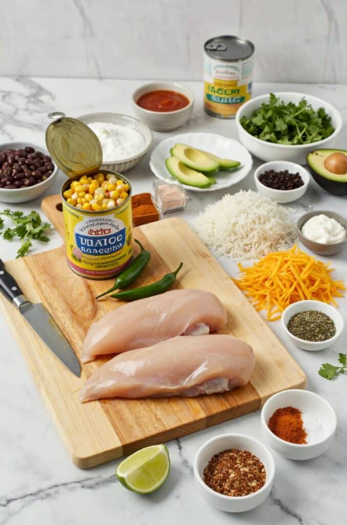 Prepared ingredients for a Slow Cooker Chicken Burrito Bowl on a kitchen counter