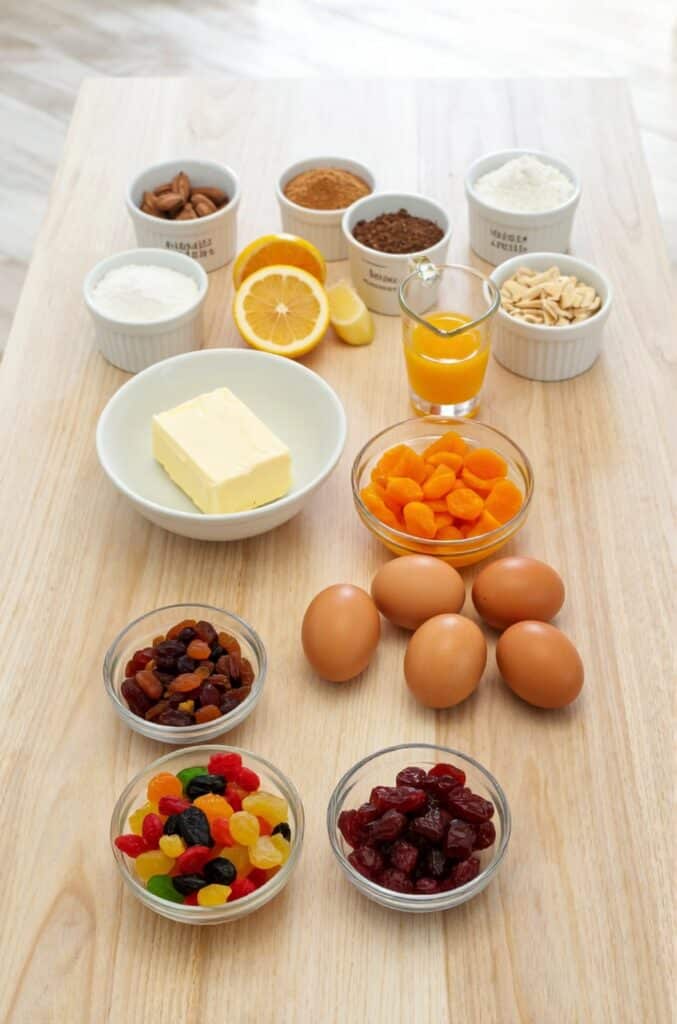 Assorted ingredients for Gluten Free Christmas Cake including dried fruits, nuts, butter, eggs, and gluten-free flour.