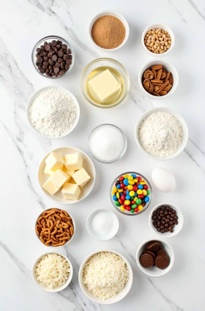 Ingredients for Christmas Kitchen Sink Cookies including flour, butter, sugar, chocolate chips, M&M’s, pretzels, nuts, and coconut.