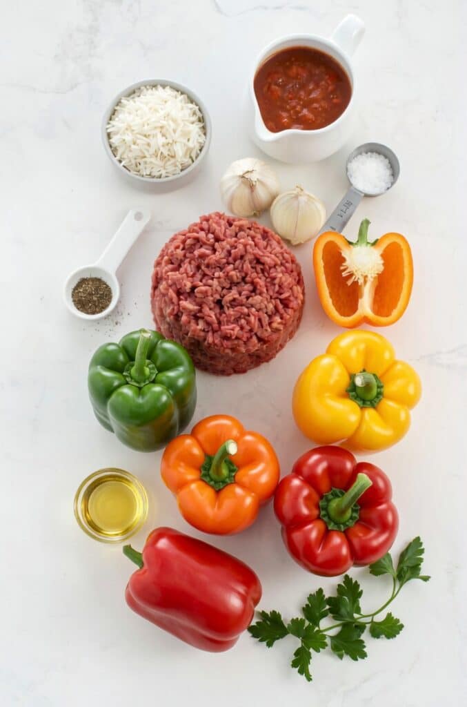 Fresh ingredients for Ground Beef Stuffed Peppers laid out on a countertop, including bell peppers, ground beef, rice, onion, garlic, tomato sauce, cheese, and olive oil.