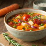 A bowl of homemade vegetable soup filled with carrots, potatoes, celery, peas, and tomatoes in a warm, flavorful broth.