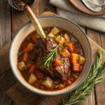 Braised lamb shanks served over roasted winter vegetables with fresh herbs garnish.