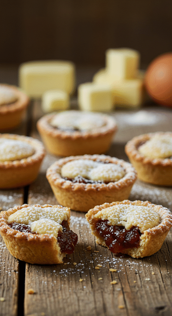 Close-up of freshly baked Christmas Sweet Mince Pies with decorative pastry tops.