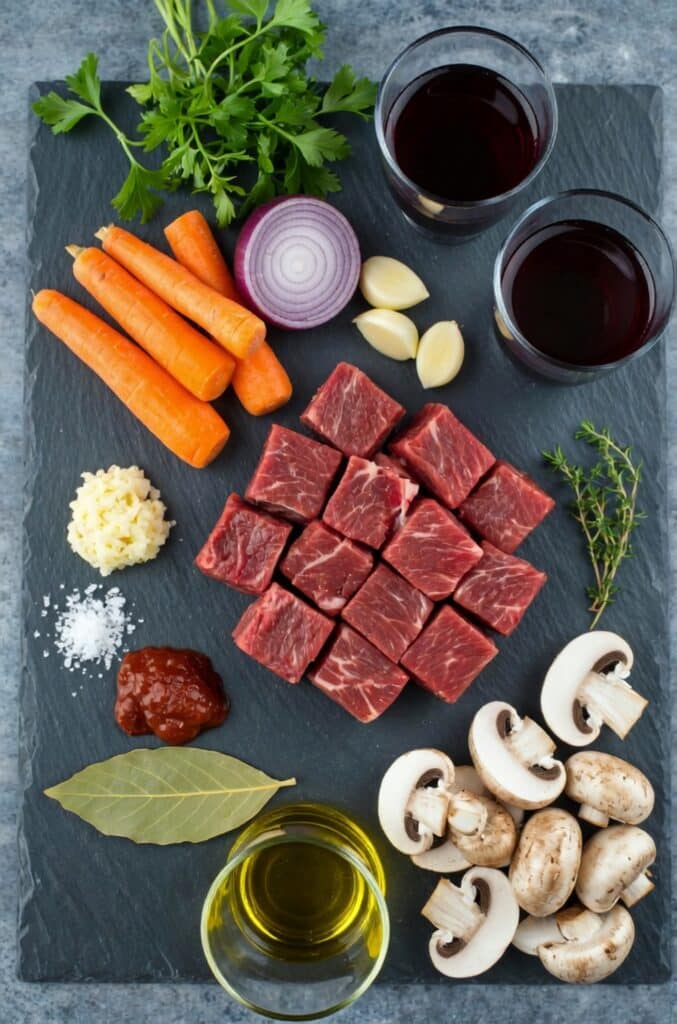 Ingredients for Slow Cooker Beef Bourguignon including beef, carrots, onions, mushrooms, red wine, and fresh herbs on a kitchen counter.