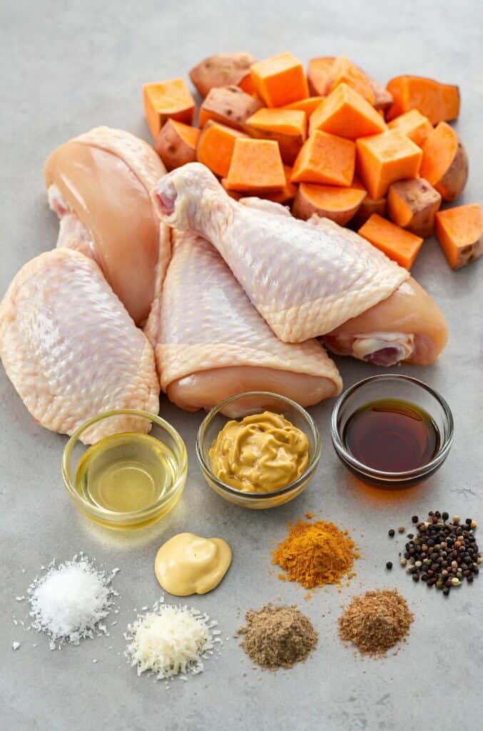 Ingredients for Maple Dijon Chicken Bowl including chicken thighs, cubed sweet potatoes, Dijon mustard, maple syrup, olive oil, and spices.