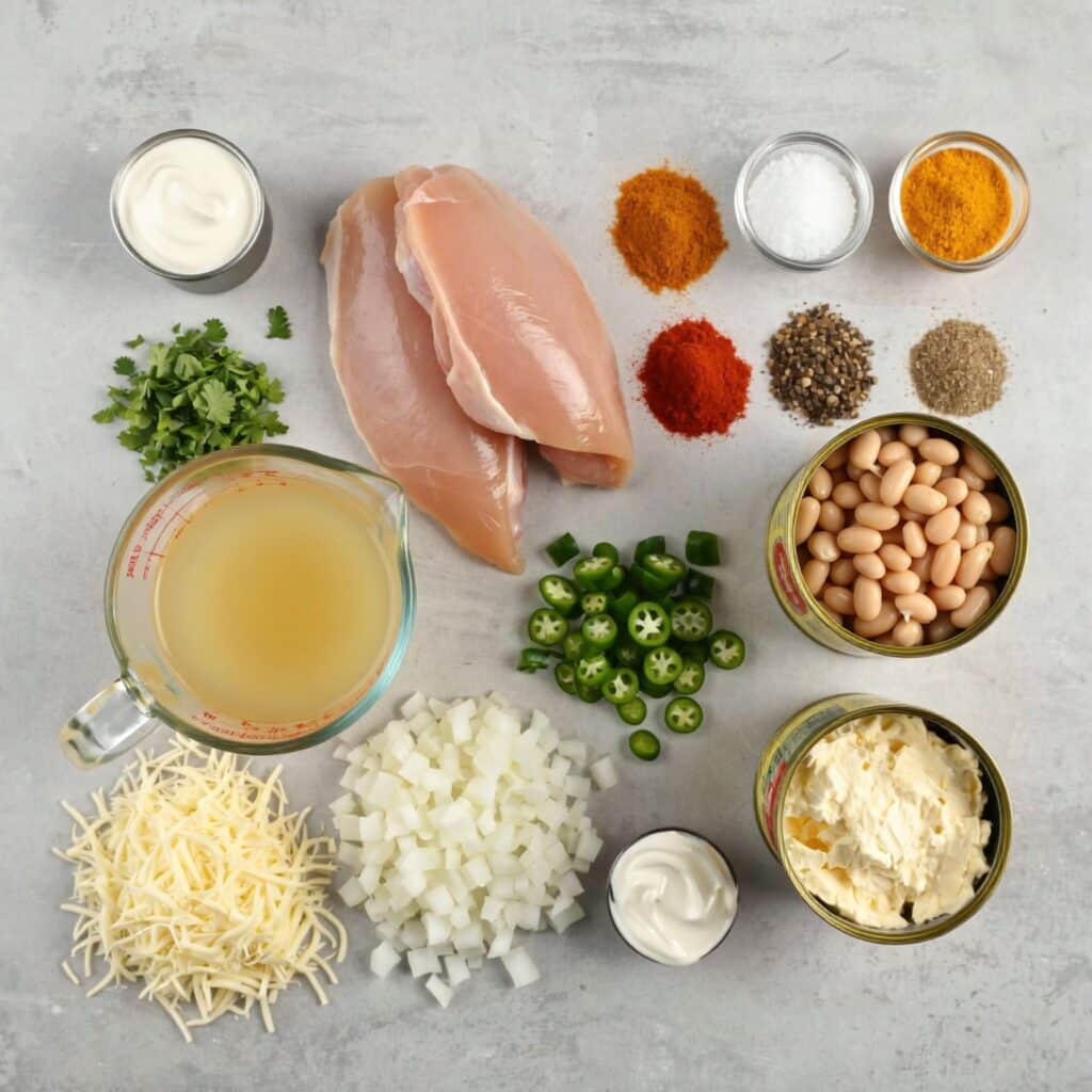 Ingredients for creamy crockpot white chicken chili laid out on a kitchen counter, including chicken, beans, onions, chilies, and cream cheese
