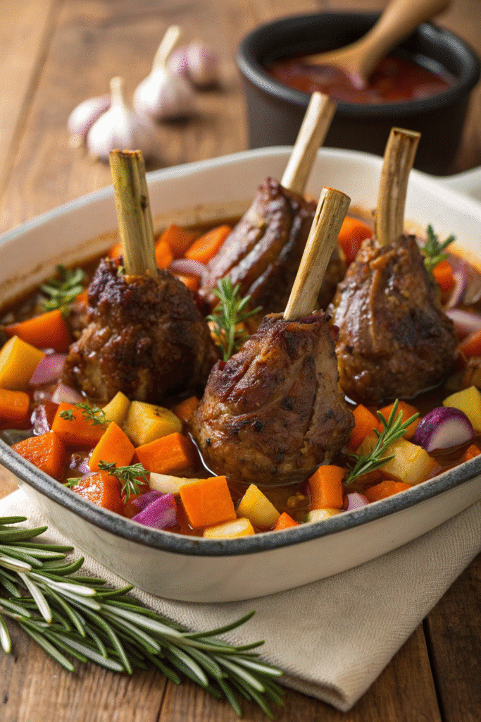 Slow-cooked lamb shanks on a plate with caramelized winter vegetables and parsley.